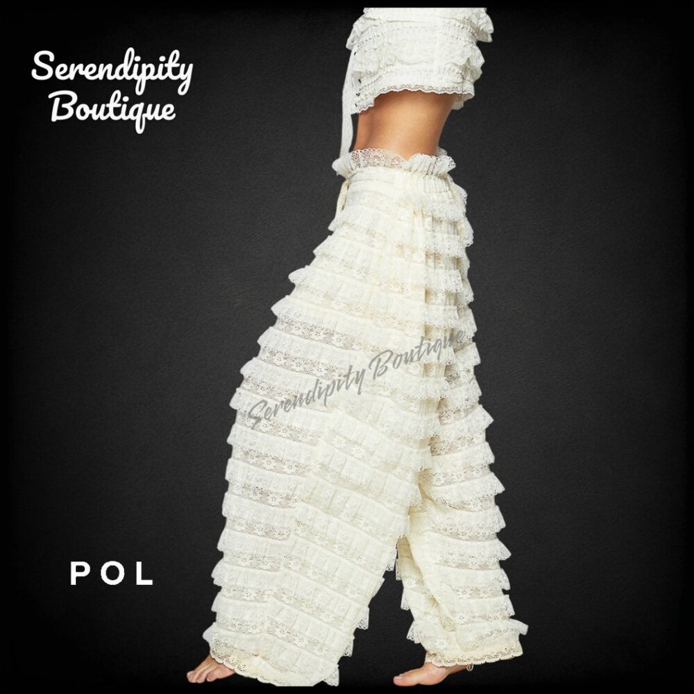 POL Boho Feminine Fluttering All Over Soft Tiered Eyelet Lace Ruffle Wide Leg Pa